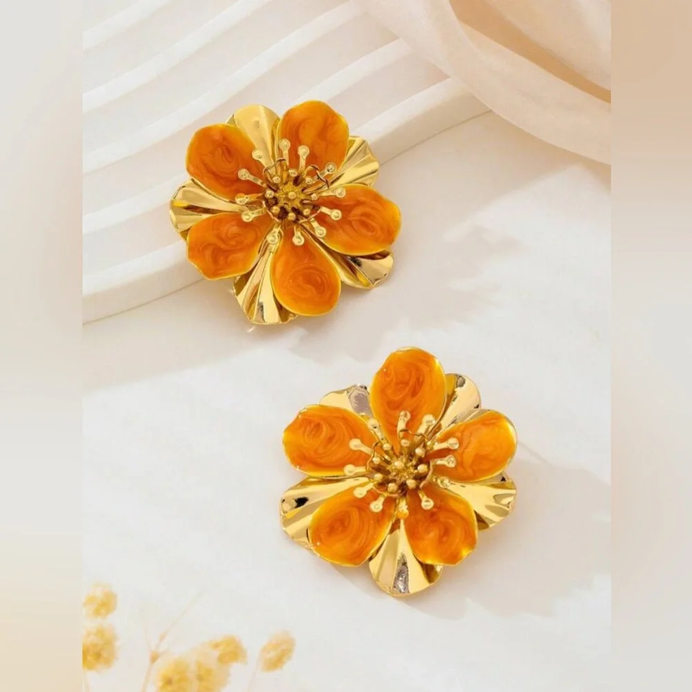 Boho Orange Flower Earrings Gold Double Layer 18K Gold Plated - Picture 2 of 3